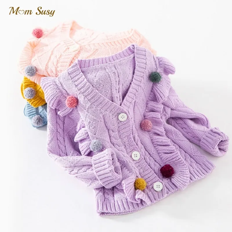 

Baby Girl Cotton Knitted Cardigan Fluffy Ball Infant Toddle Ruffle Sweater Coat Party Birthday Baby Clothes Spring Autumn 1-5Y