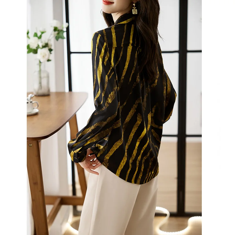 Women Clothes Golden Striped Printed Shirts Office Lady Vintage Fashion Elegant Blouses Spring Long Sleeve Top Tunics