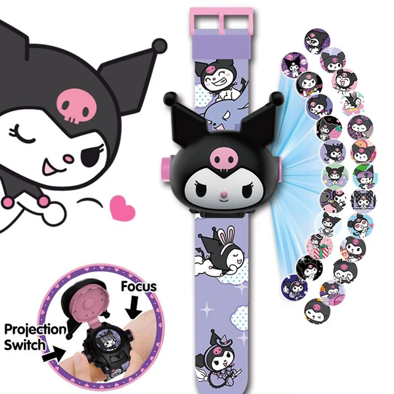 Kawaii Sanrio Children's Watch Cinnamoroll Kuromi Watch Hello Kitty My Melody 24 3D Luminous Projection Watches Birthday Gift