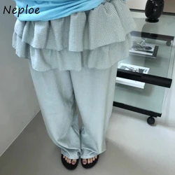 Neploe Korean Simple Niche Trousers  2024 Autumn Femme Chic Cake Lotus Leaf Lace Elastic Waistband Plaid Loose Casual Pants