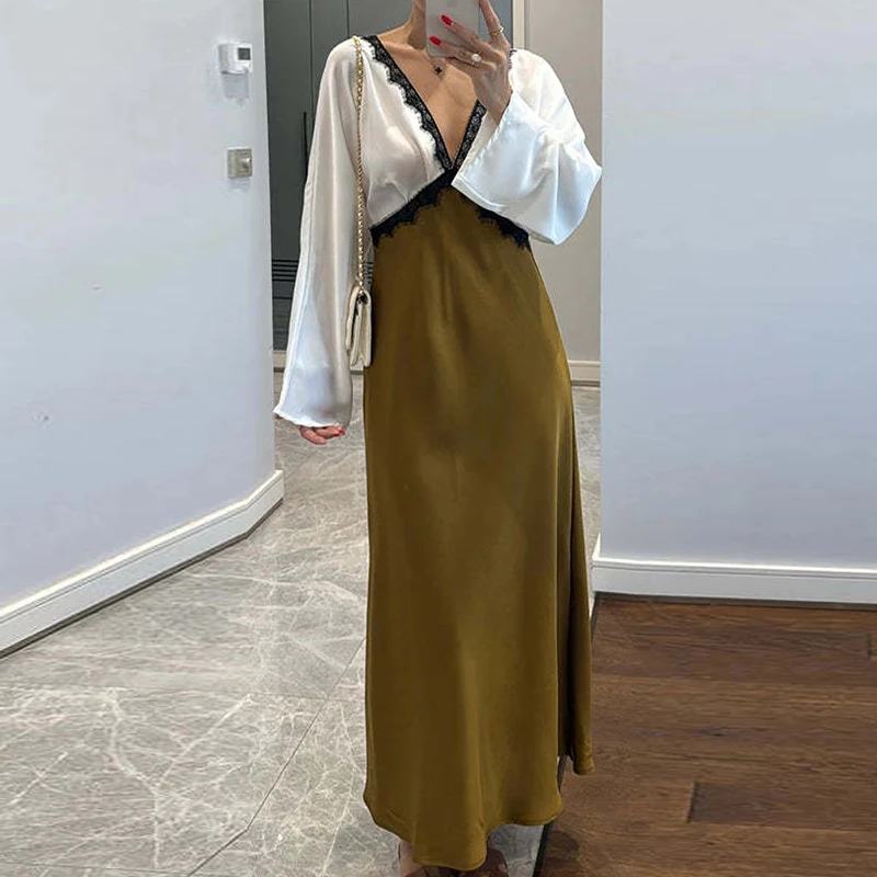 セクシーなレーススプライスVネックカラーブロックイブニングドレス、エレガントなサテンロングスリーブフィット、バンケットドレス、秋の女性用通勤ロングドレス