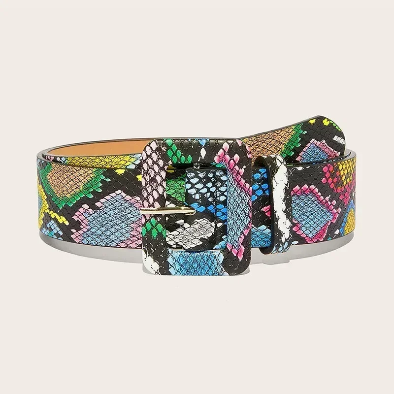 2024 レディースピンバックル高品質 Pu レザーグリーンスネークプリントガードルドレスコートスーツセーター装飾ベルト女性のための