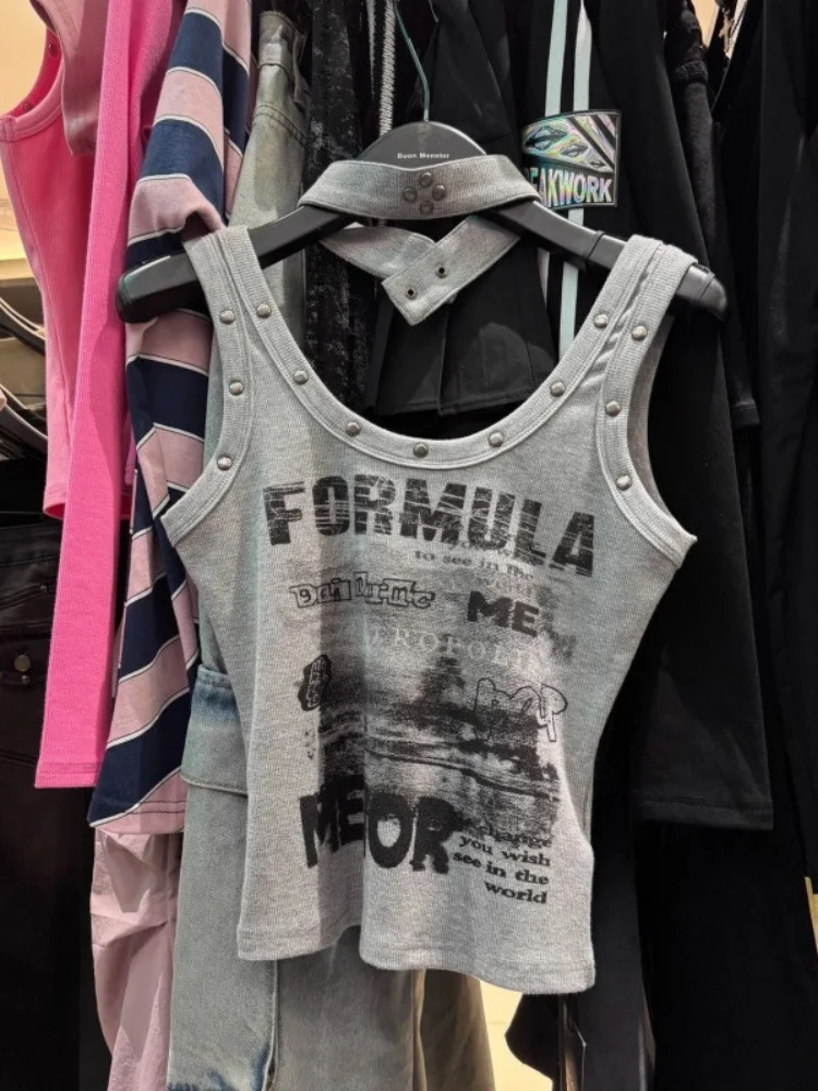 Women's Crop Tank Top Retro 2026 Spring Summer Sexy Unique Design Niche Letters Print Sleeveless Top