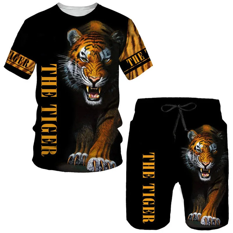 Summer Fashion Tiger 3D Print T-Shirts Shorts Sets Men\'s Tracksuits Oversized Short Sleeve T Shirt Pants Set Man Suits Clothing