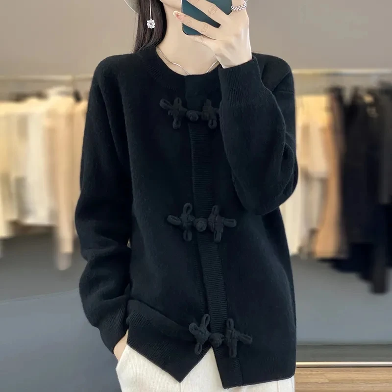 Spring Autumn 2025 Long Sleeve Thick Loose Women Cardigan Sweater Coat Round Neck Chinese Style Female Knitted Sweater Jacket