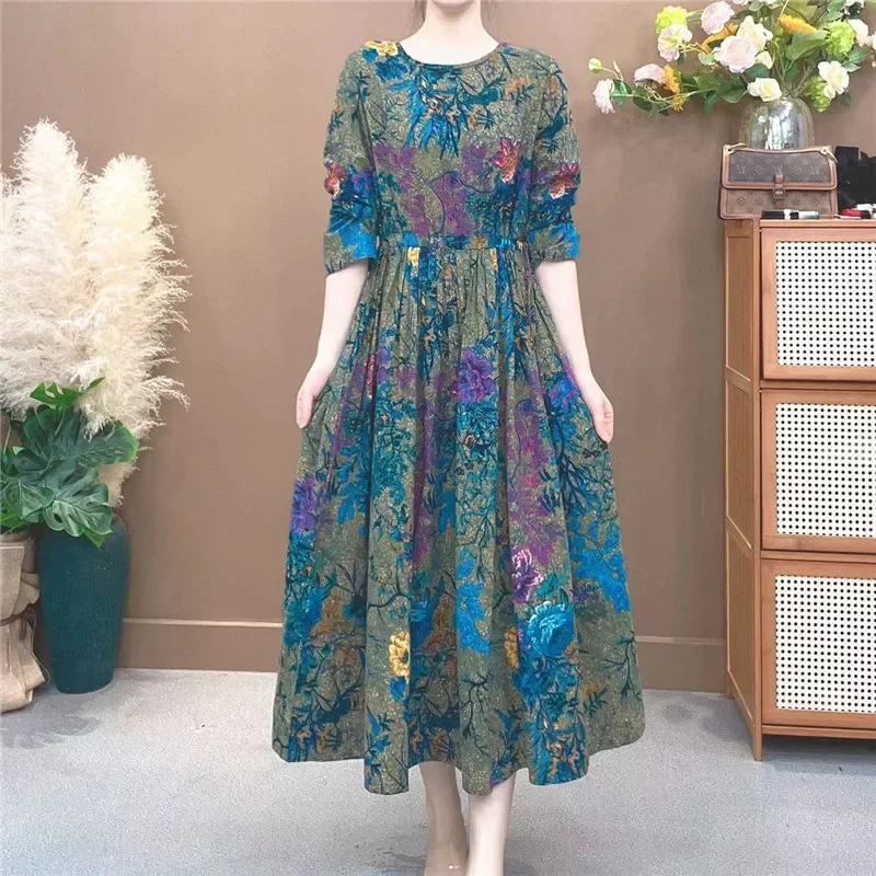 Retro Purple Peony Printed Dress Women Thicken Large Swing Womens Dresses Autumn Winter Long Sleeve Drawstring Vestidos