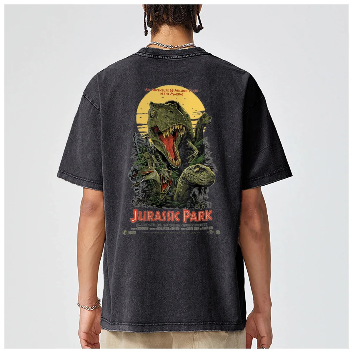 New Movie J-Jurassic Park printing dinosaur Oversized Printed T shirt mens t-shirt Fashion Casual Vintage Washed Cotton Unisex