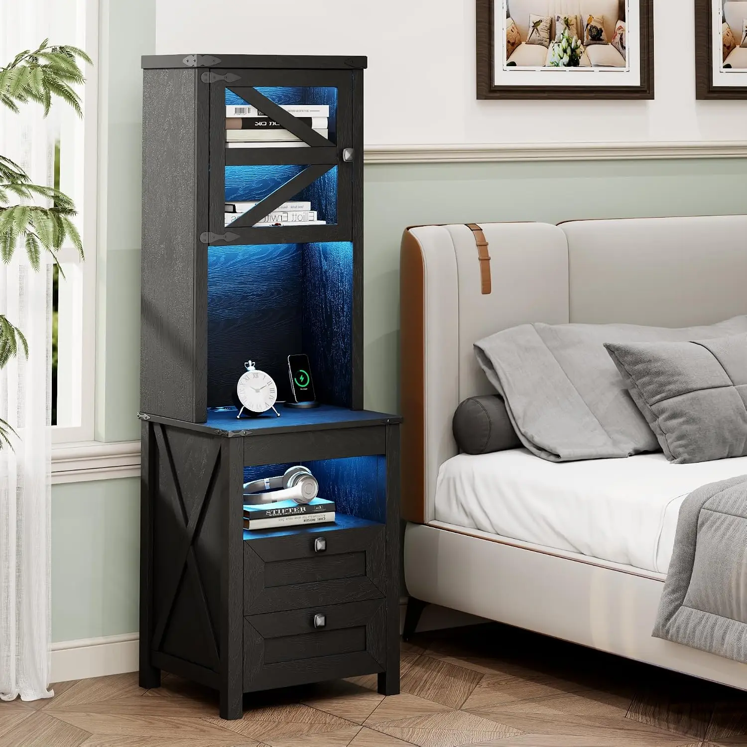 Tall Farmhouse Nightstand with Charging Station, LED Light, 3 Drawers, Adjustable Shelves and Hidden Drawer for Bedroom