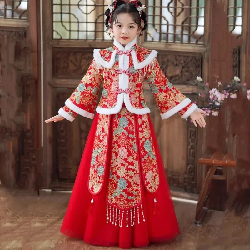 

Winter Kids New Year Red Traditional Chinese Clothes Baby Hanfu Sets Thicken Children's Tang Costume Vestido Girl Ancient Suit