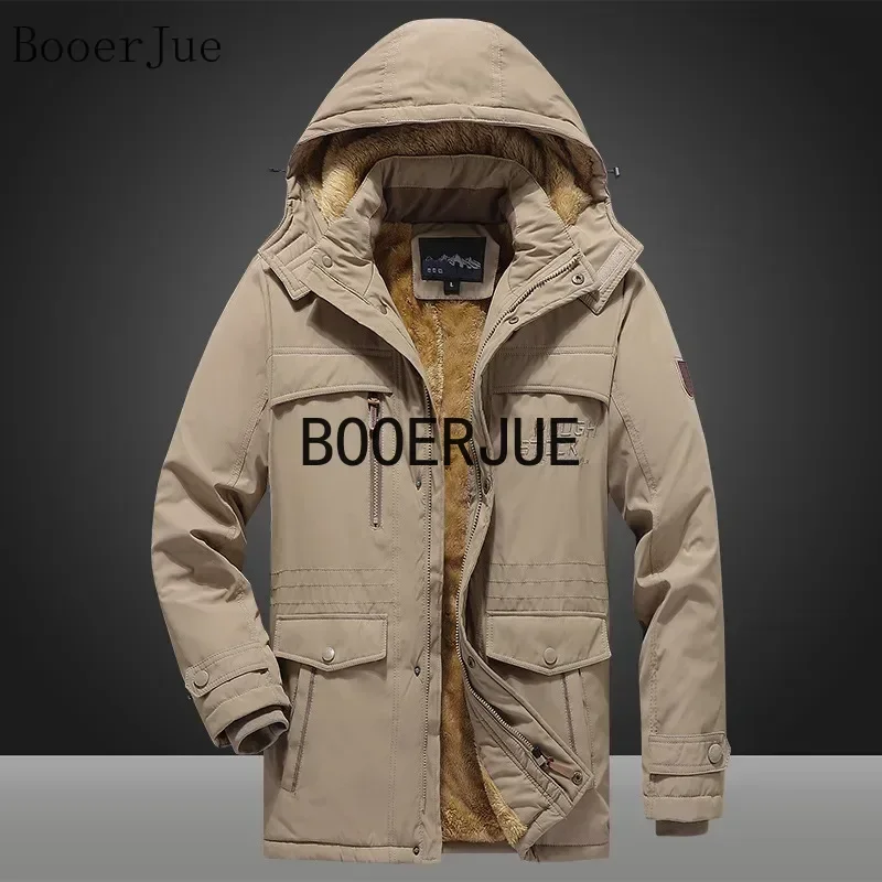 2026 Men's Long Hooded Cotton Jacket Outdoor Thickened Fleece Lined Coat Windproof Waterproof Warm Camping Sports Autumn Winter