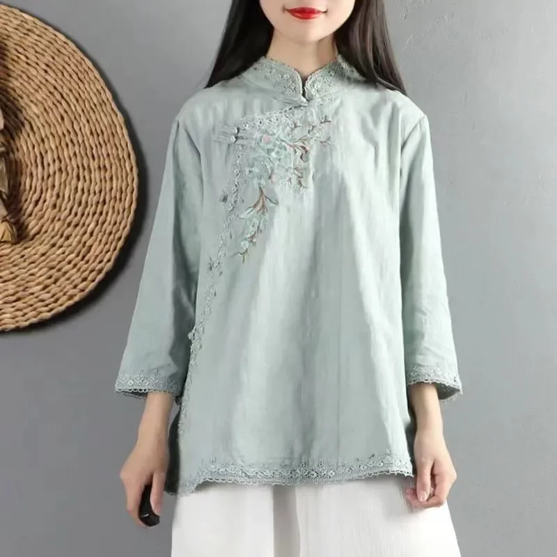 Chinese Shirt Traditional Women's clothing Retrolong Sleeve Shirt Cotton Linen Hanfu Qipao Ladies Top Ethnic Female Cheongsam