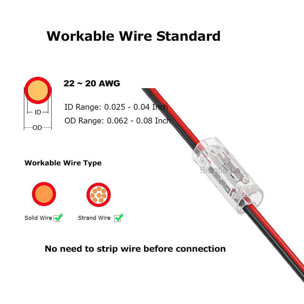 Low Voltage Wire Connectors 2 Pin, Quick Splice Joints 22-20 AWG, No Strip Insulation Piercing clips, Solderless Crimp for LED W