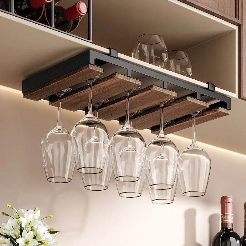Solid Wood Wine Glass Rack Under Cabinet No Drill Stemware Holder Hanging Organizer for Kitchen Dining Bar Home Storage
