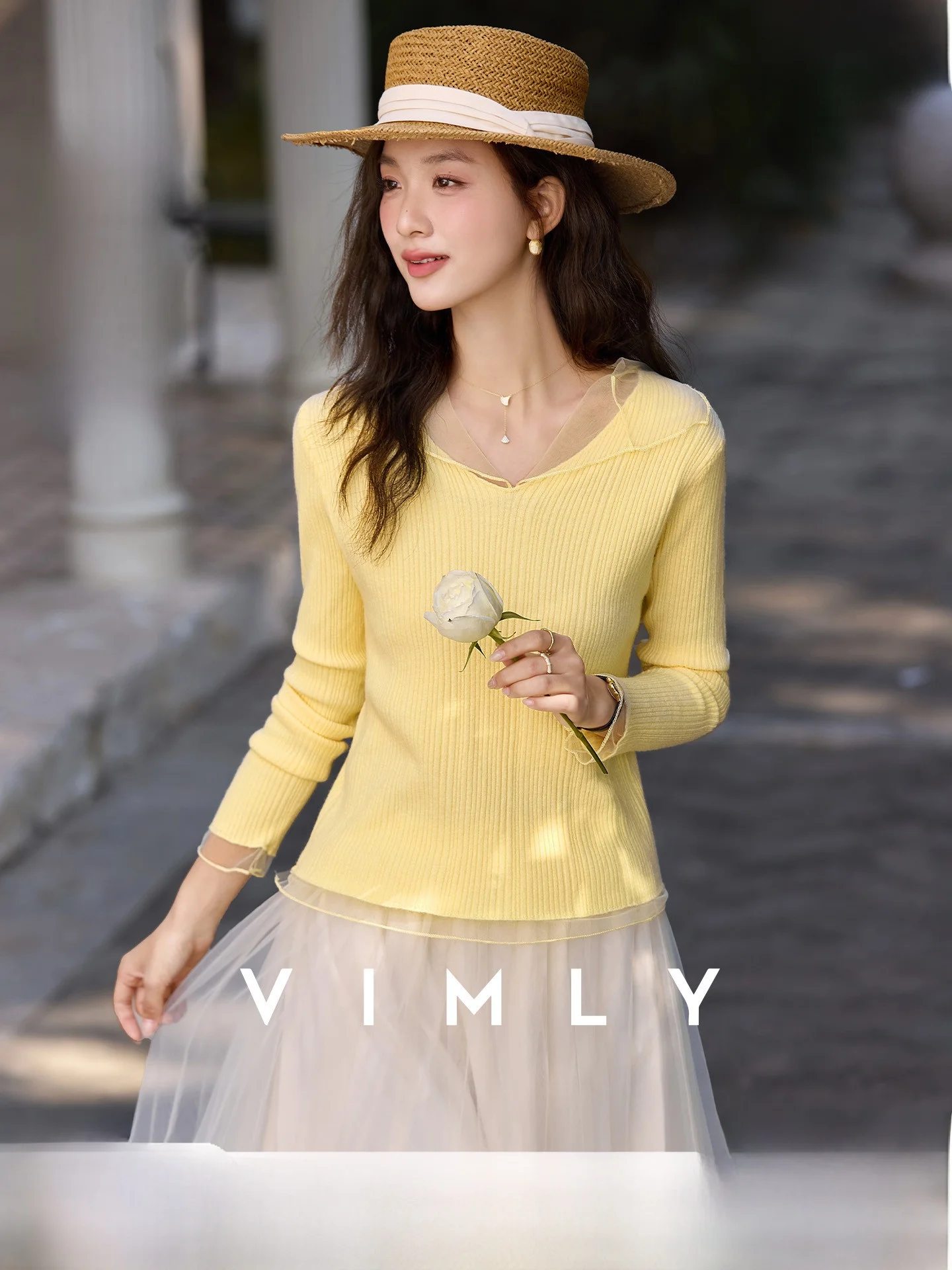 

Sweet Gentle V-Ne Knitwear Women's Long Sve Me Splicing Spring New Sle Soft Commute Wind Regular Fit Ladies Top