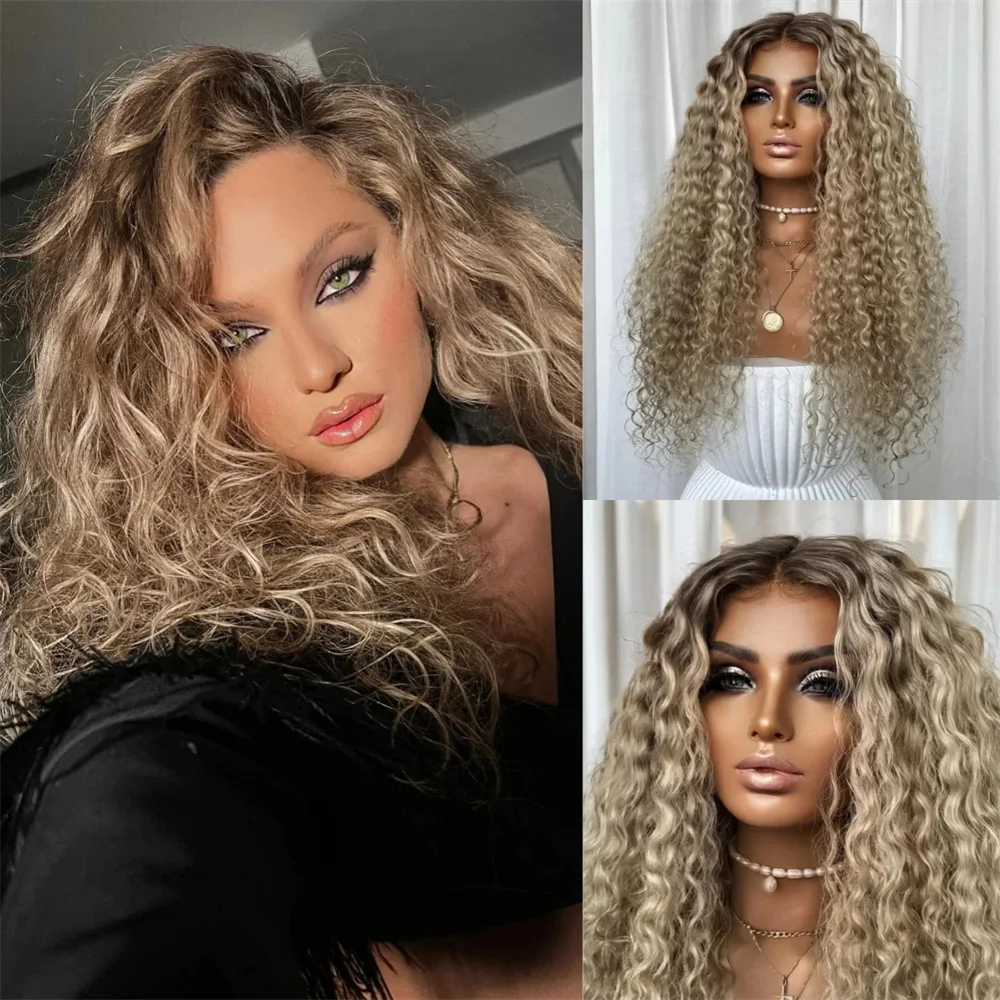 

26-дюймовый афро-кудрявый парик с блонд-оттенками, синтетический, с кружевной передней частью, с пепельными корнями, длинные кудрявые волокна, для косплея и вечеринок, готовый к носке