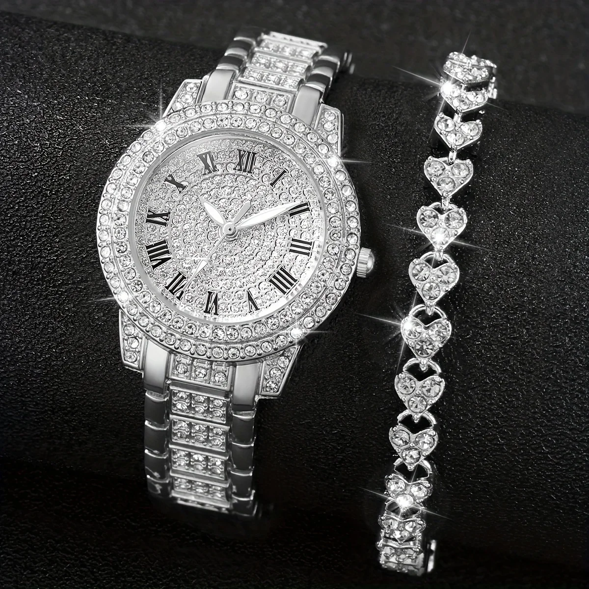 

2pcs/set Women's Watch Luxury Rhinestone Quartz Watch Rome Fashion Analog Wrist Watch & Bracelet, Gift For Mom Her