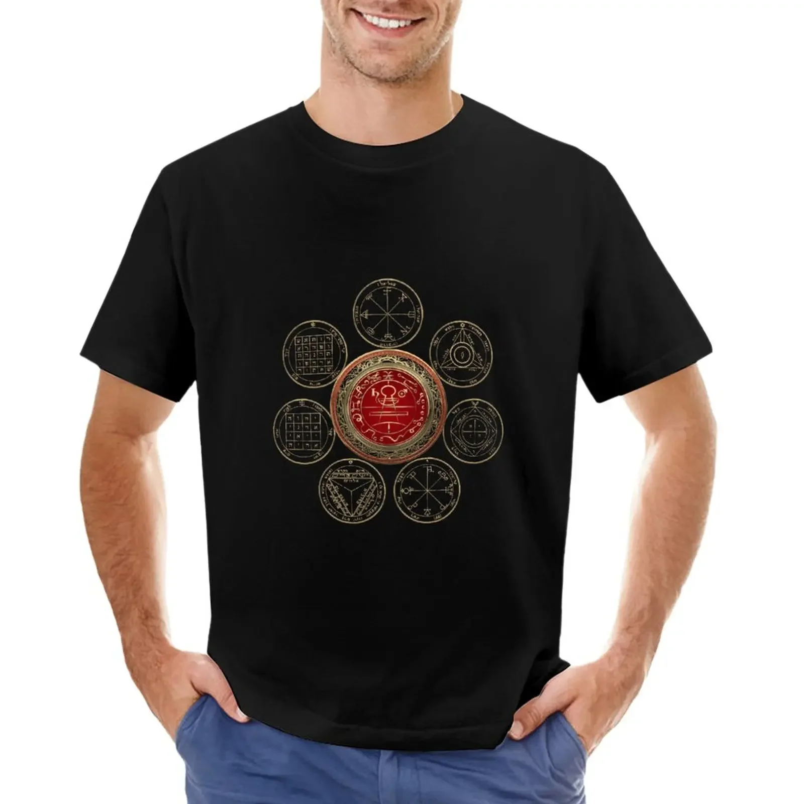 Gold Seal of Solomon over Seven Pentacles of Saturn on Black Canvas T-Shirt for a boy Short sleeve tee sweat mens t shirts