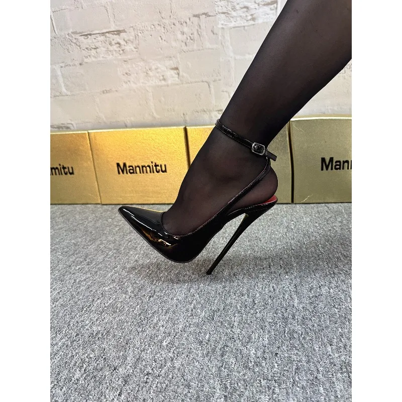 2026 Year New 12CM Black Patent Leather Ankle Strap Super High Heels Women's Shoes, Shallow Mouth Sexy Back Hollow Pointed Shoes