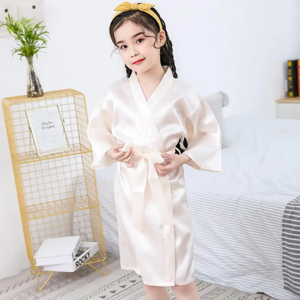 Solid Color Kids Bathrobe Girls Silk Satin Kimono Robes Kids Children Bathrobe Sleepwear Nightgown with Belt sleepwear menina