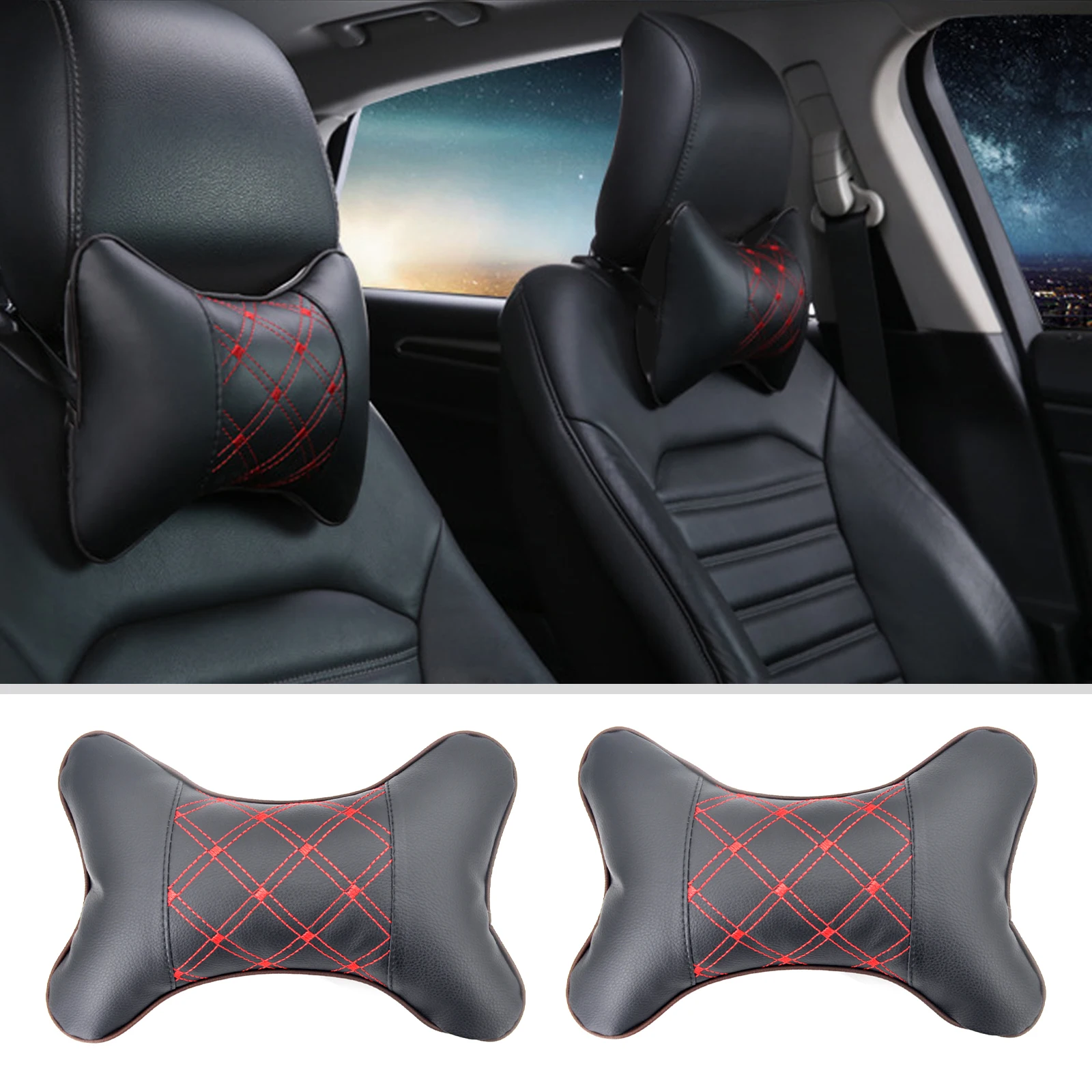 Car Neck Pillows Pu Leather head support protector black/red universal headrest backrest cushion easy install and clean