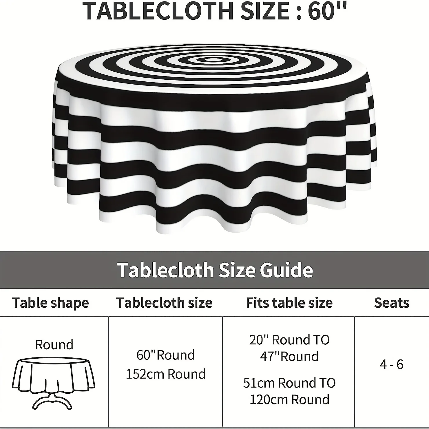 1PC, Round Tablecloth 60 Inch, Black And White Round Tablecloth, Stain Resistant, Water Resistant, Wrinkle Resistant, Simple Tab