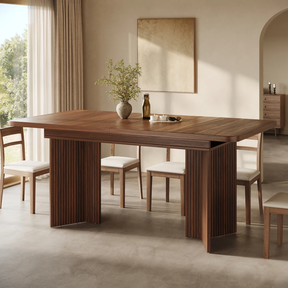 Tavolo da pranzo rettangolare allungabile 120/160x80x76,1 cm, gambe a V con nervature verticali, 2 opzioni di colore: finitura rovere chiaro/noce, tavolo da pranzo espandibile per sala da pranzo