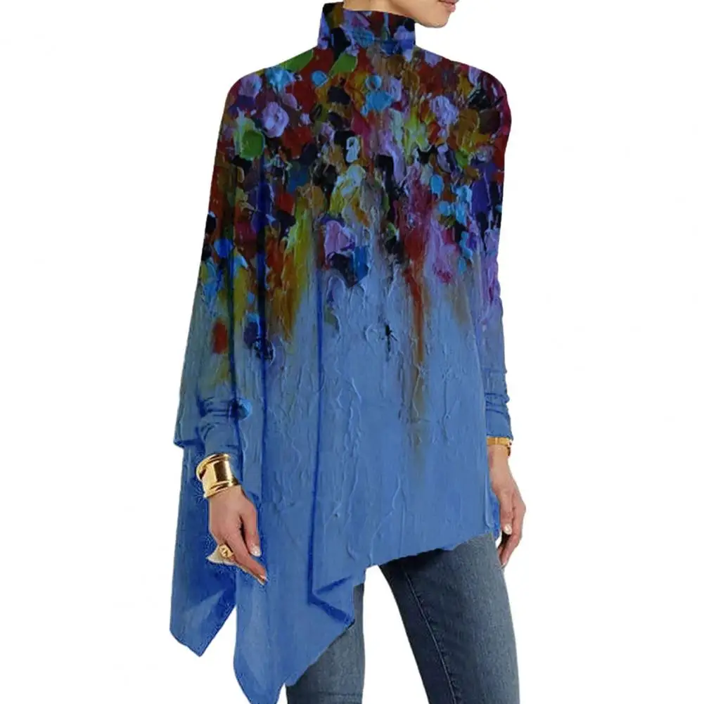 Irregular Hem Loose Fit Shirt Colorful Artistic Print High Collar Women\'s Blouse with Irregular Hem Soft Fabric for Fall Spring