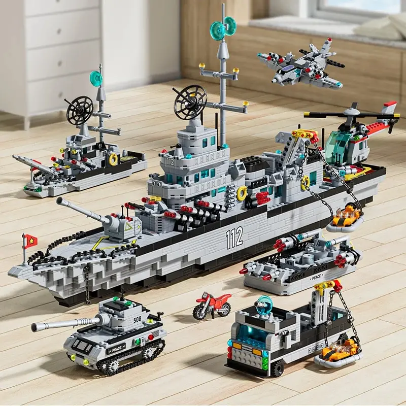 2000+PCS Building Block Warship Battleship Kits for Kids City Helicopter Military Ship Bricks Kit Educational Toys for Boys