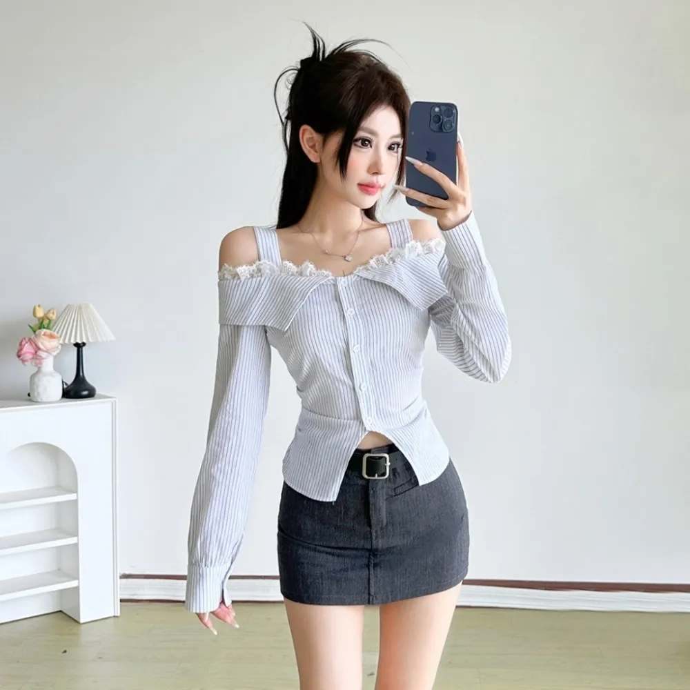 

Kliou Casual Stripe T-Shirts Woman Lace Patchwork Turn-Down Collar Button Long Sleeves Split Hem Daily Office Style Clothing