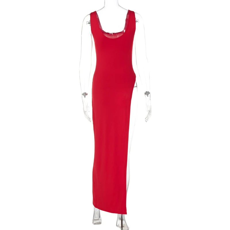 Sexy Sleeveless Side High Split Midi Dress Backless Women's Summer Party Club Streetwear Y2K Style Solid Color