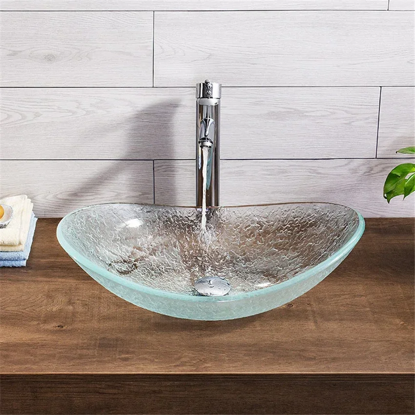 Oval Washbasin Unique Tempered Glass Basin Sink Faucet Set Ingot Shape Bright Bend Clear Modern Design W/ Chrome Tap & Drain