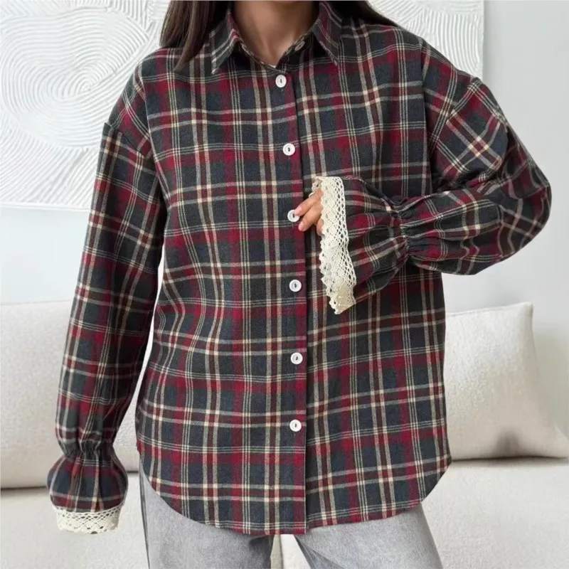 Retro Lapel Plaid Print Shirt Single-breasted Loose Oversize Womens Long-sleeved Blouse Commuting All-match High Street Camisa