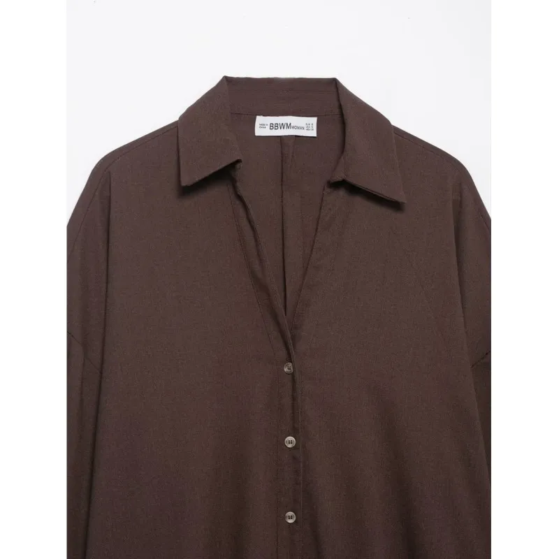 HipSeam レディース ジョニーカラーシャツ 2026 春 アシンメトリーヘム ボタン ワイドスリーブ レディース トップス シンプル レディース リネンシャツ＆ブラウス