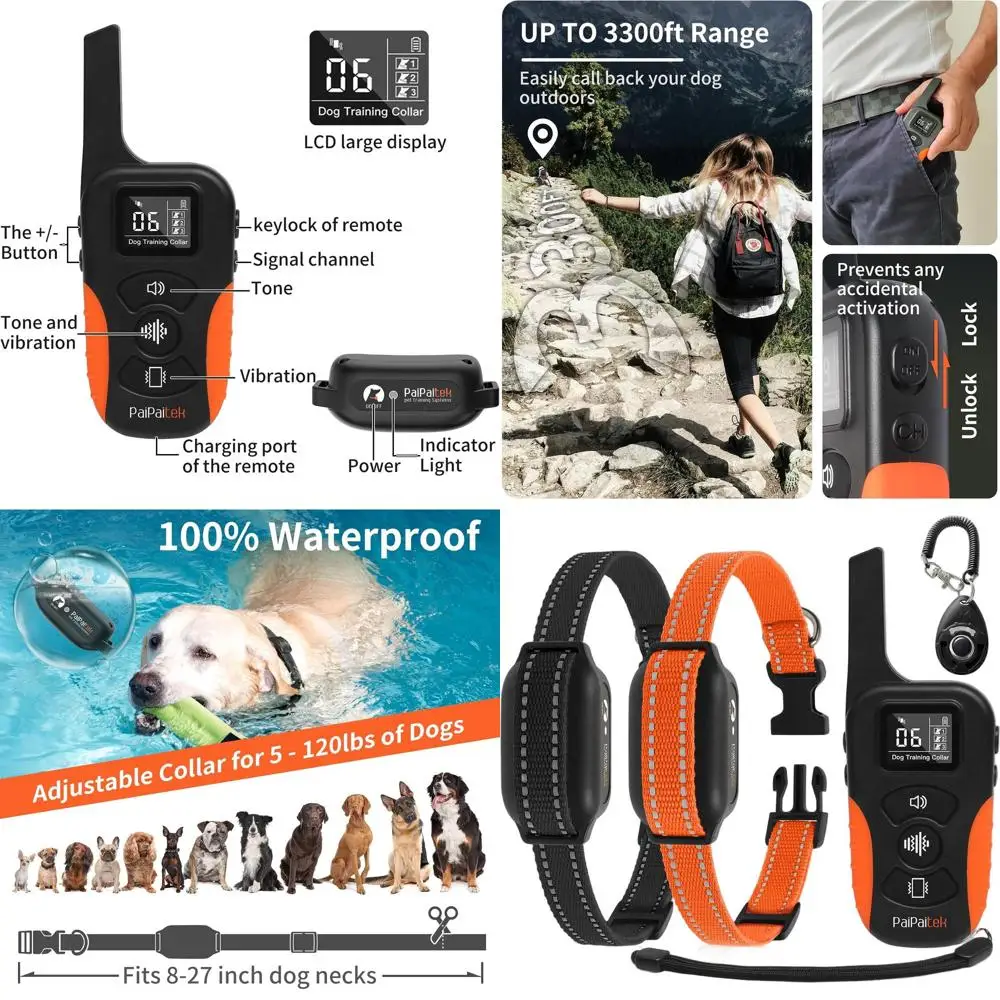 

Двойной ошейник для дрессировки собак с 9 режимами вибрации/сины, диапазон 3300 футов, водонепроницаемый, 5–120 фунтов