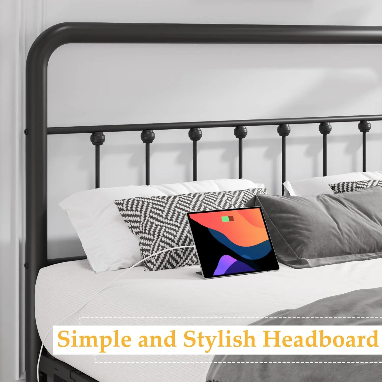 Bed Frame Classic Metal Platform Bed Frame with Charging Station & LED, Victorian Style Iron-Art Headboard/Footboard, Under Bed