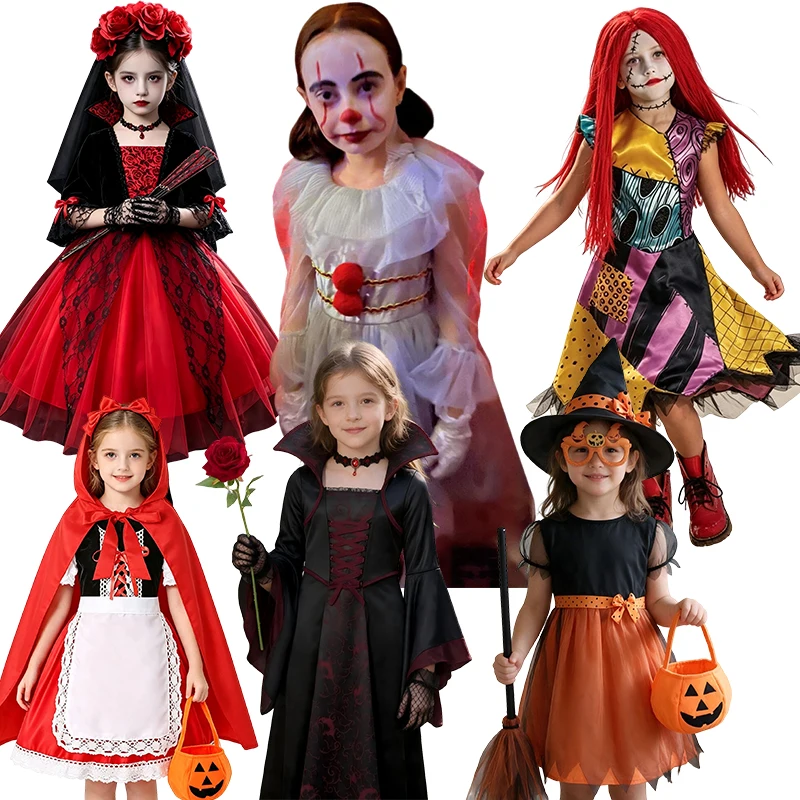 Boys Girls Cosplay Halloween Costume Set Multiple Styles Skeleton Clown Pirate Gothic Bride Devil Kids Party Role Play Outfit