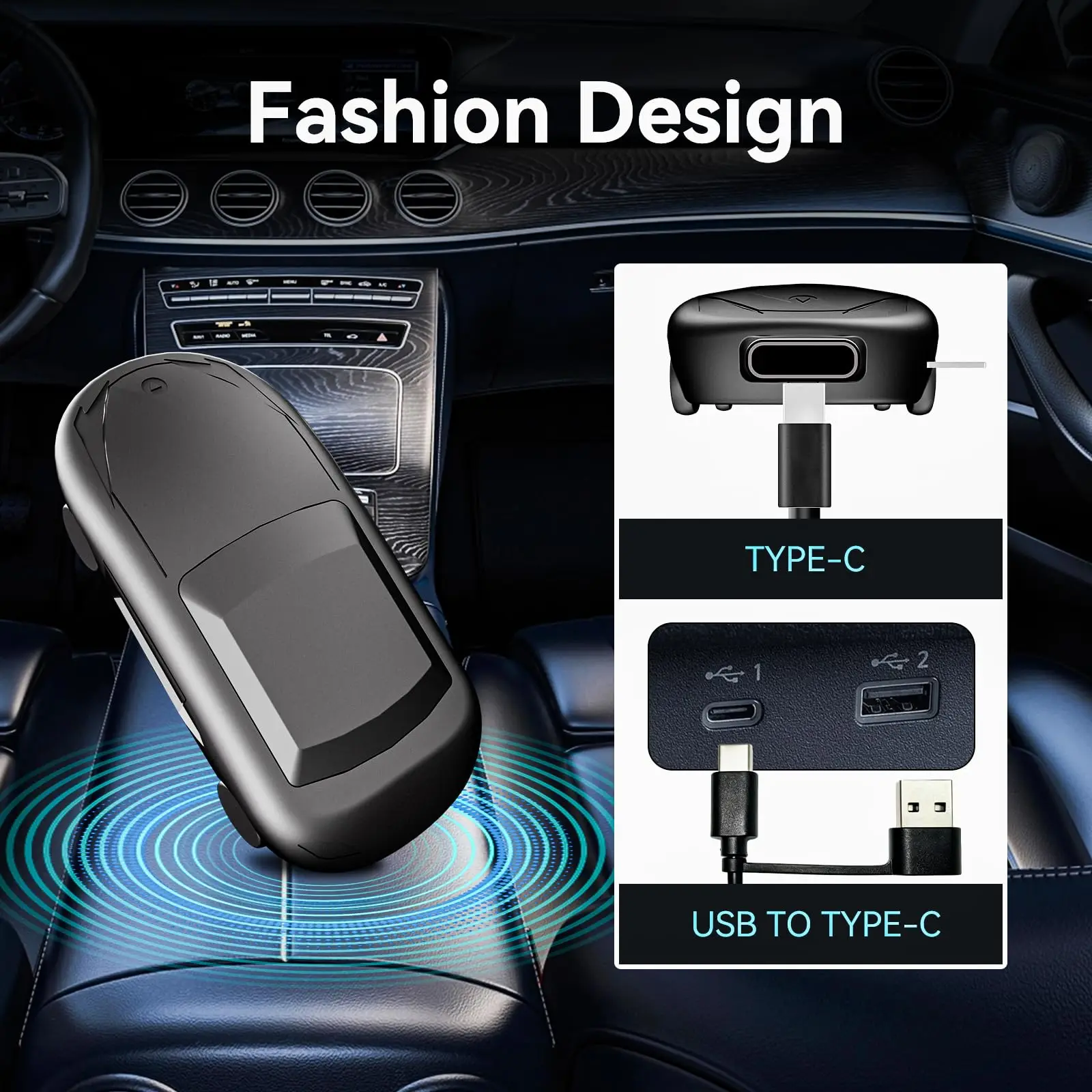 2-in-1 Wireless CarPlay & Android Auto Adapter , Plug & Play iOS/Android，Mini-Sportwagen-Design