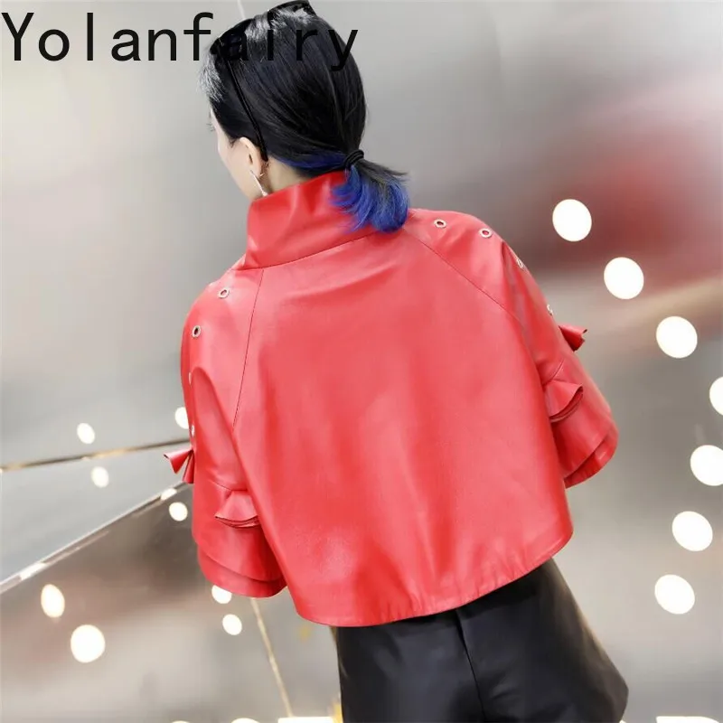 YOLANFAIRY Genuine Leather Jacket Women Babydoll Style Red High Neck Real Sheepskin Coat Flare Sleeve Korean Cropped Outerwear