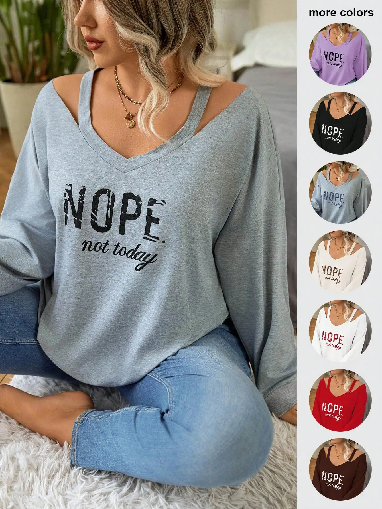 

Свитшот больших размеров с V-образным вырезом, открытыми плечами и длинными рукавами, с принтом «NOPE not today», для повседневной носки осенью и зимой