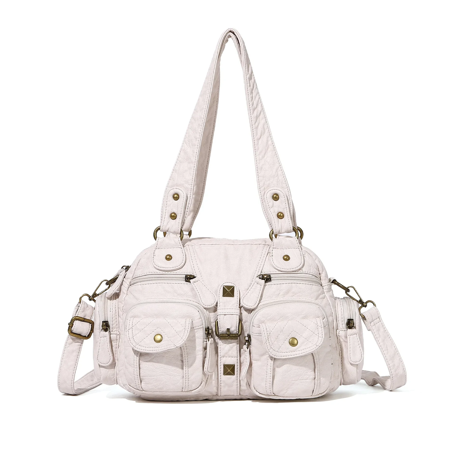 Venn Angel Women's Handbag Vintage Motorcycle Style Pink Soft PU Leather Multi-Pocket Handbag, Large Capacity Tote Shoulder Bag