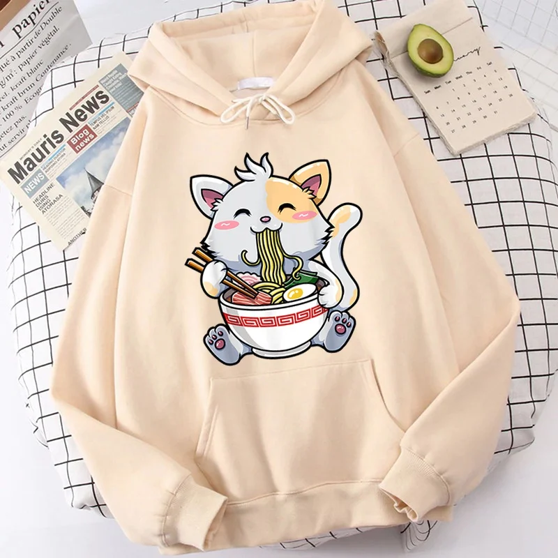 New Fashion Autumn And Winter Sweatshirts Cute Cat Ramen Printing Hoodies Fashion Women Men Streetwear Long Sleeve Pullover