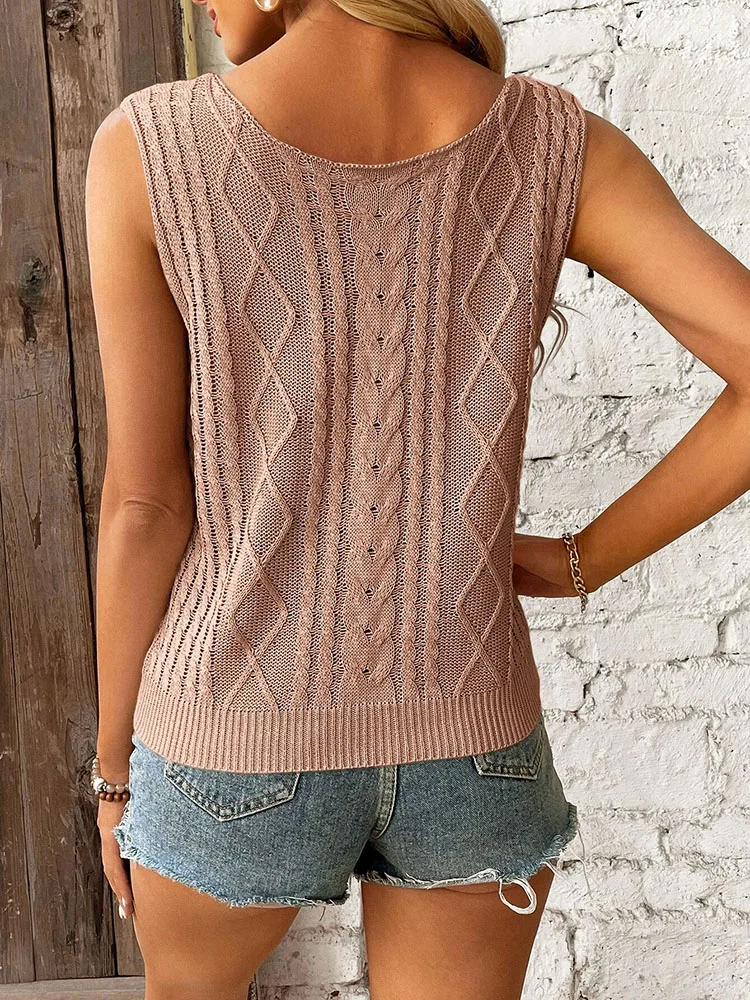 Summer Elegant Vest Diamond Fried Dough Twists V-neck Knit Solid Top Women\'s Wear