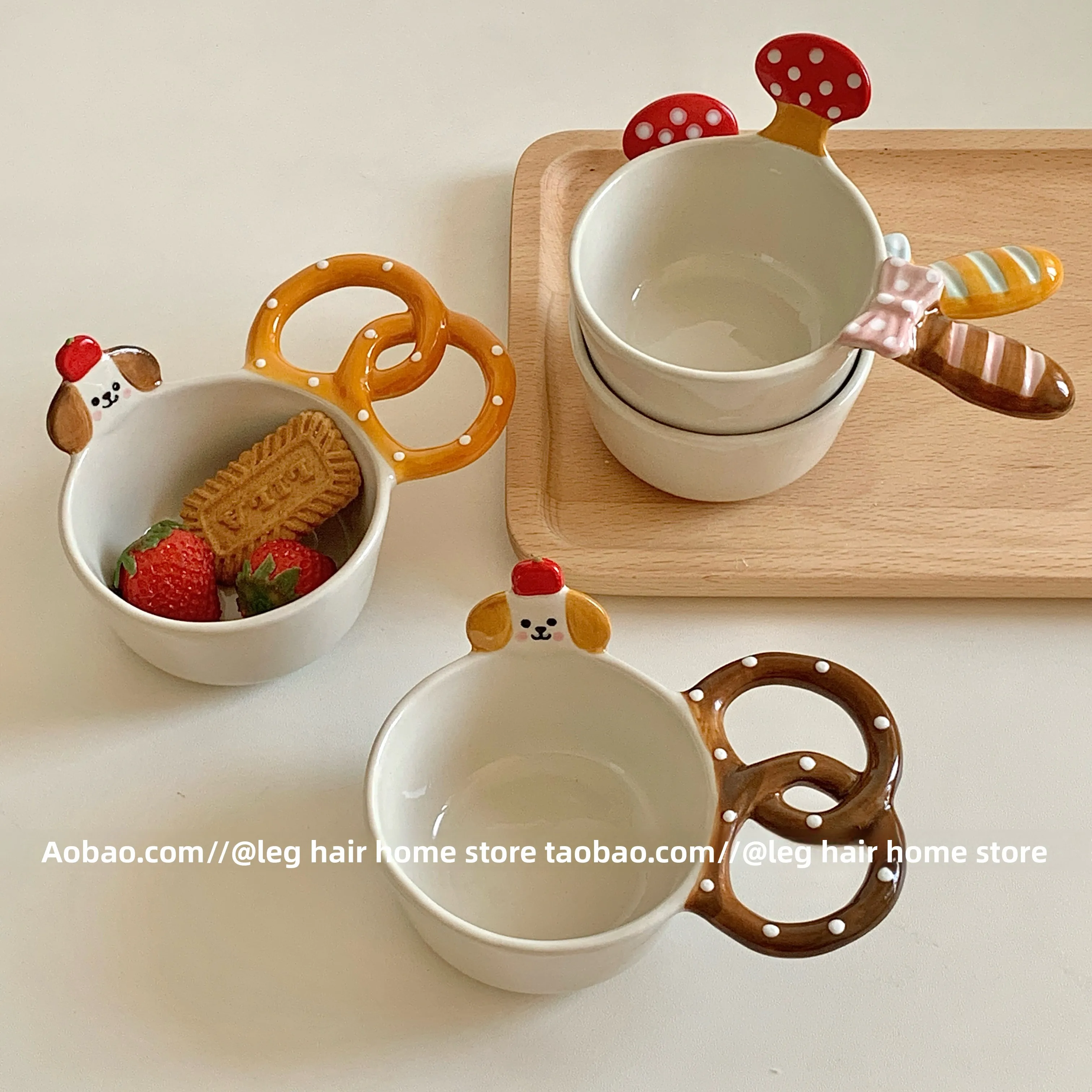 Cute Hand Drawn Creative Alkaline Water Bread Handle Ceramic Bowl Children's Underglaze Color Cereal Dessert Bowl