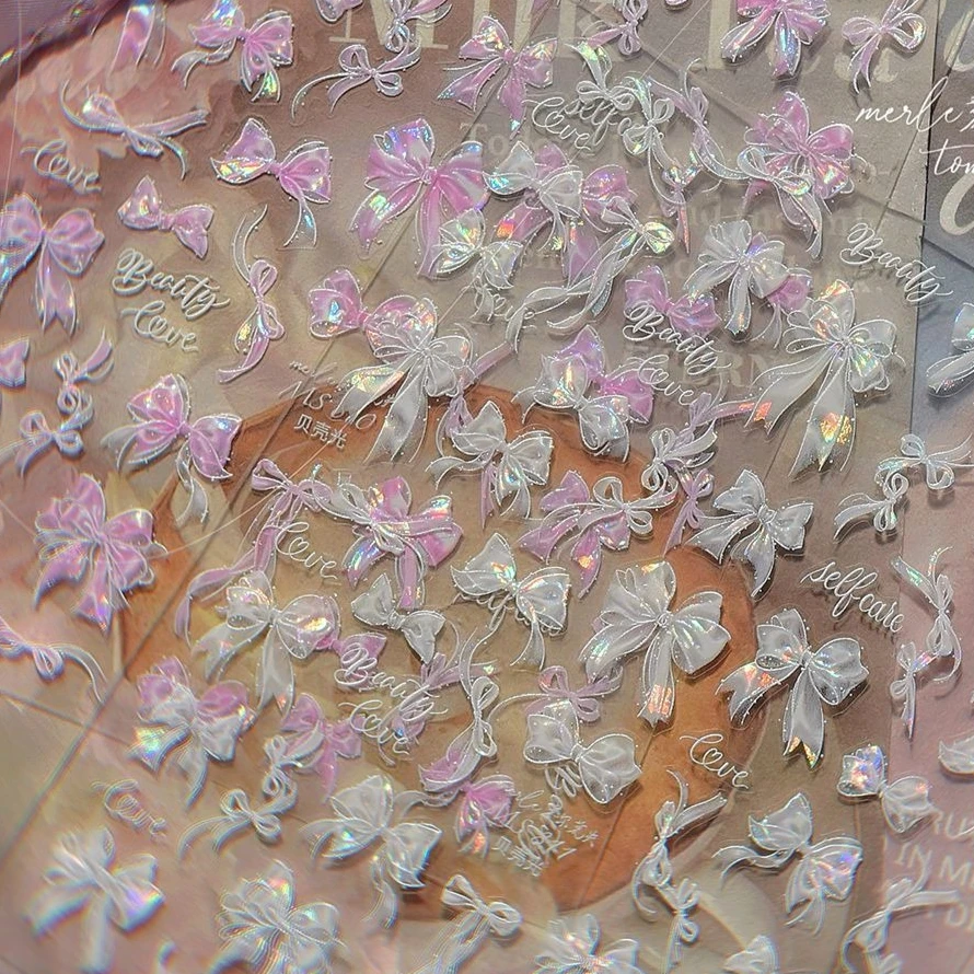 Verträumte glänzende Schleife, Band, Spitze, zarte Krawatte, bezaubernde 5D-Nagelkunst-Dekorationsaufkleber, selbstklebender Maniküre-Aufkleber, DIY-Großhandel