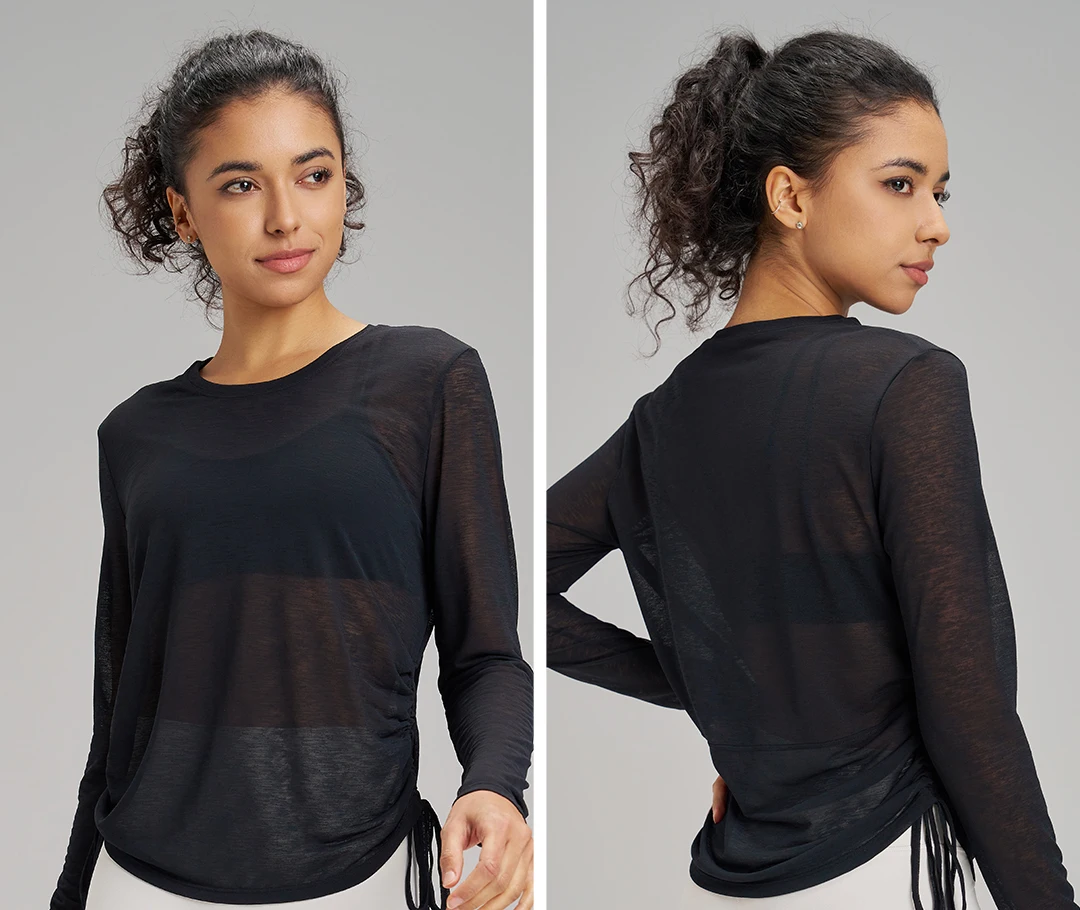 Damen Lose Dünne Sport-Shirts mit Kordelzug Yoga-Oberteile Langarm Workout T-Shirt Schnelltrocknende Lauf-Sweatshirts Fitness-Bluse – Detail 11