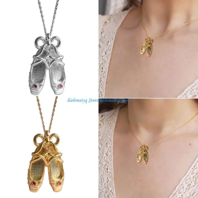 

573B Ballet Shoe Pendant Necklace Bowknot Dance Shoes Choker Alloy Material Neck Jewelry Gift for Girl Aesthetic Collar Chain