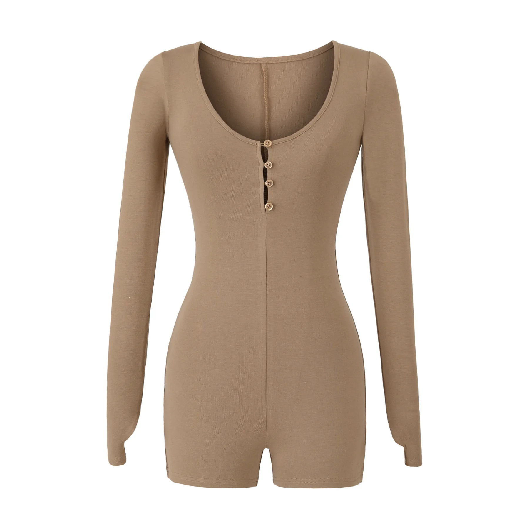 Jumpsuit bodysuit wanita lengan panjang berkancing pendek