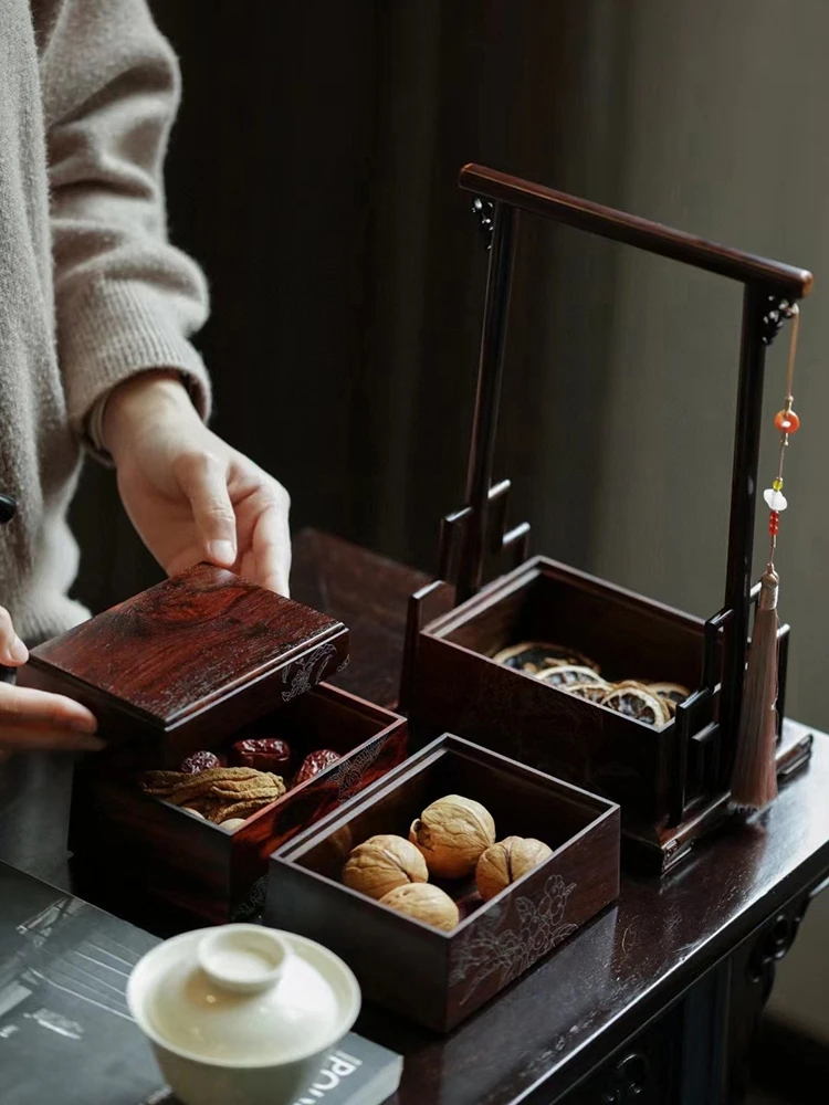 Large red rosewood inlaid with silver silk suitcase snacks Chinese classical cakes storage