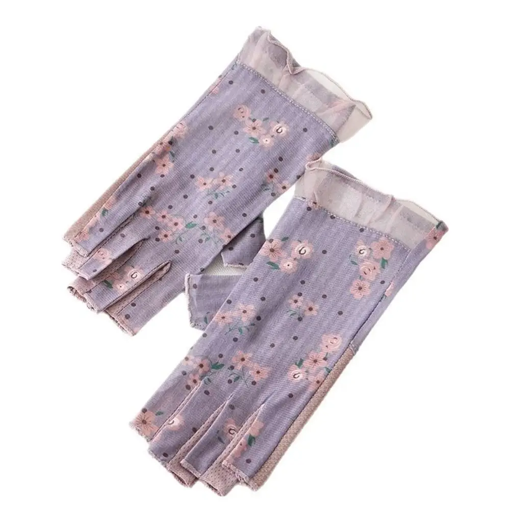 Silicone Anti Slip Half-Finger Gloves Lace Mesh Thin Touchscreen Mittens Floral Printed Sunscreen Accessories Non-slip Gloves
