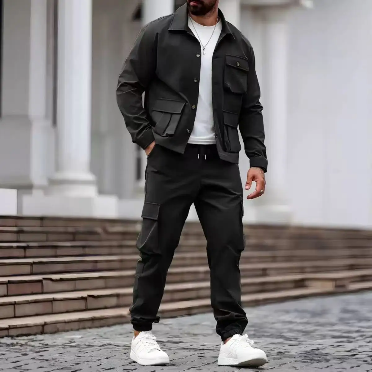 Herren-Cargojacke mit Hosen-Set, Outdoor-Sport, winddicht, militärischer taktischer Anzug, robuste Arbeitskleidung, Uniform für Männer, Jagd, Hallo – Detail 4